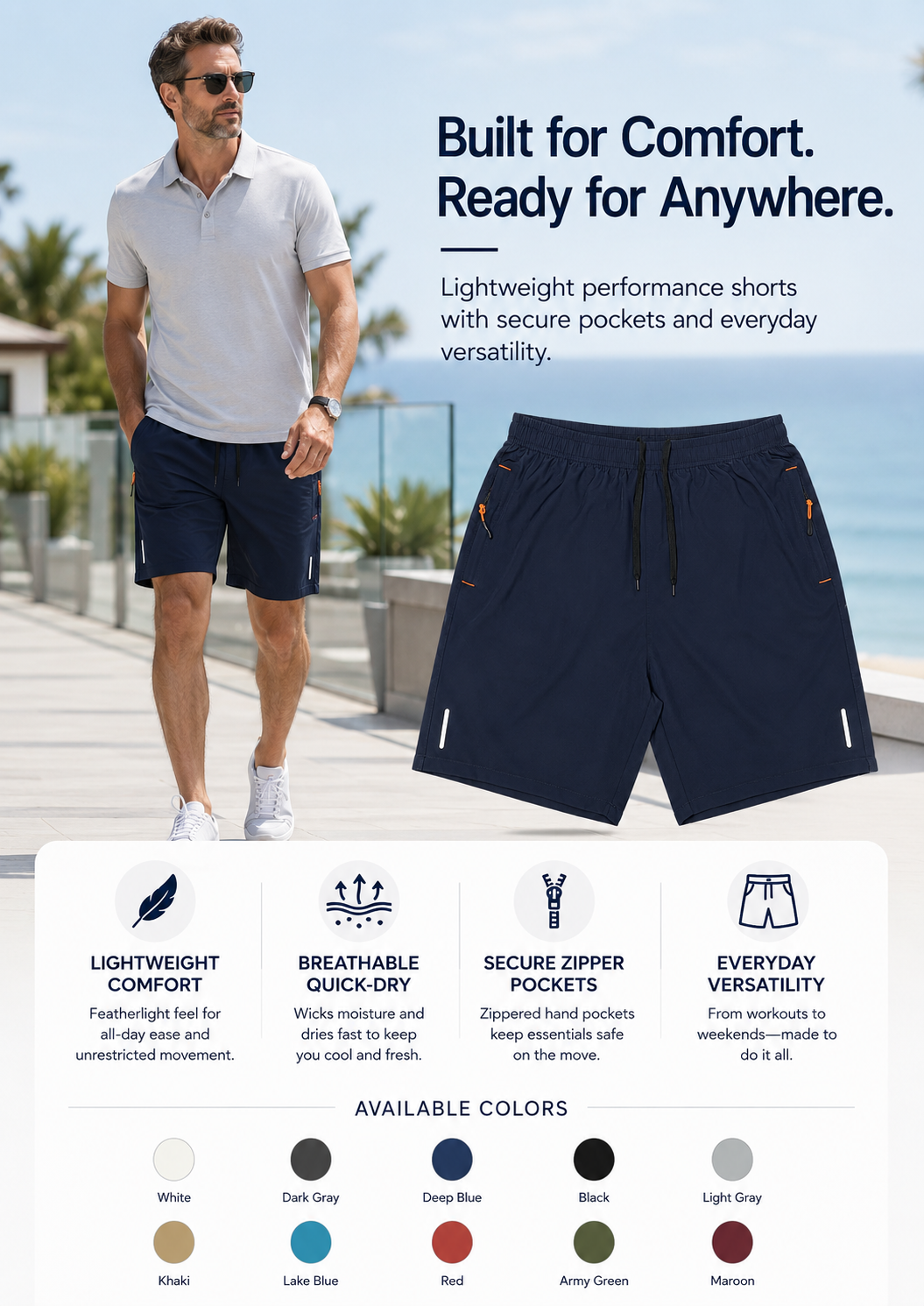 Men's Lightweight Zipper Pocket Casual Shorts Color Pack