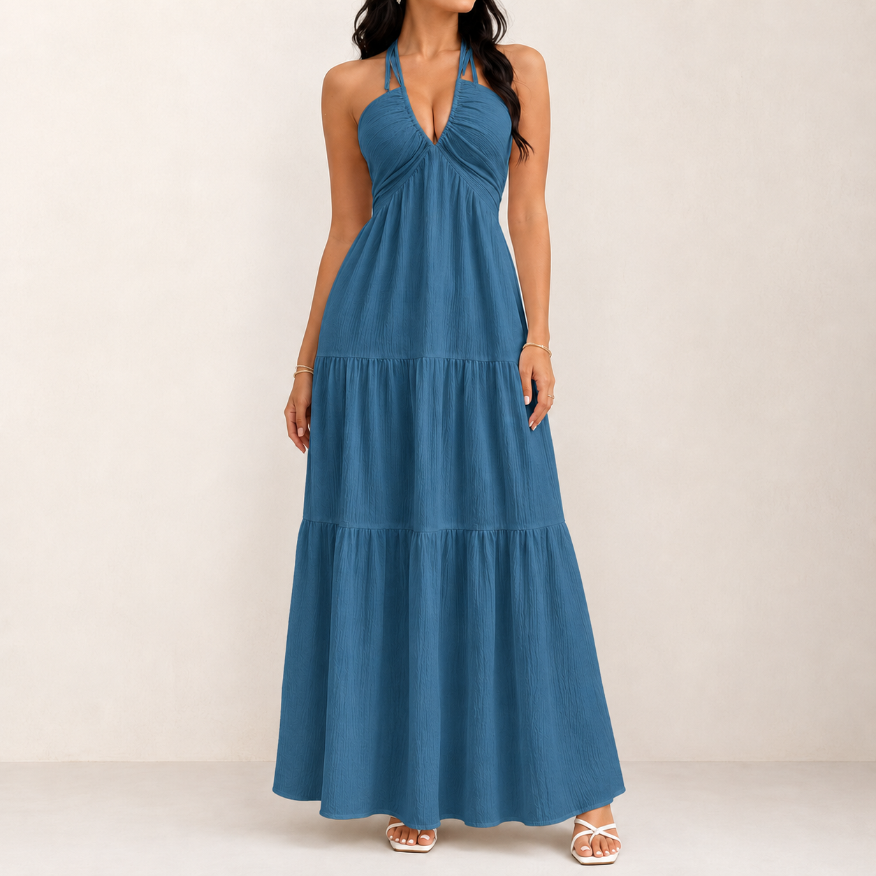 Cloud Ivory halter tie-back tiered maxi dress