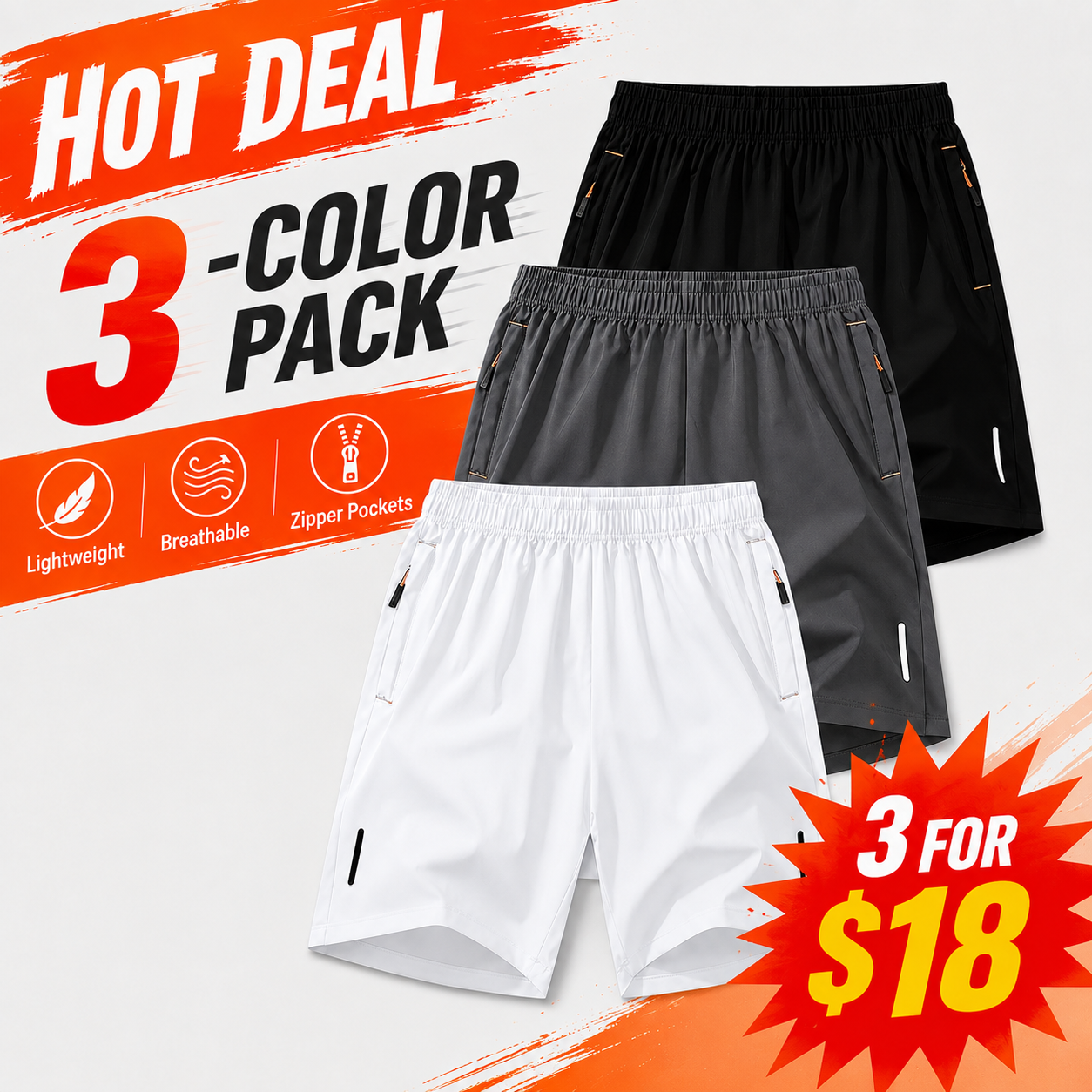 Men's Lightweight Zipper Pocket Casual Shorts Color Pack