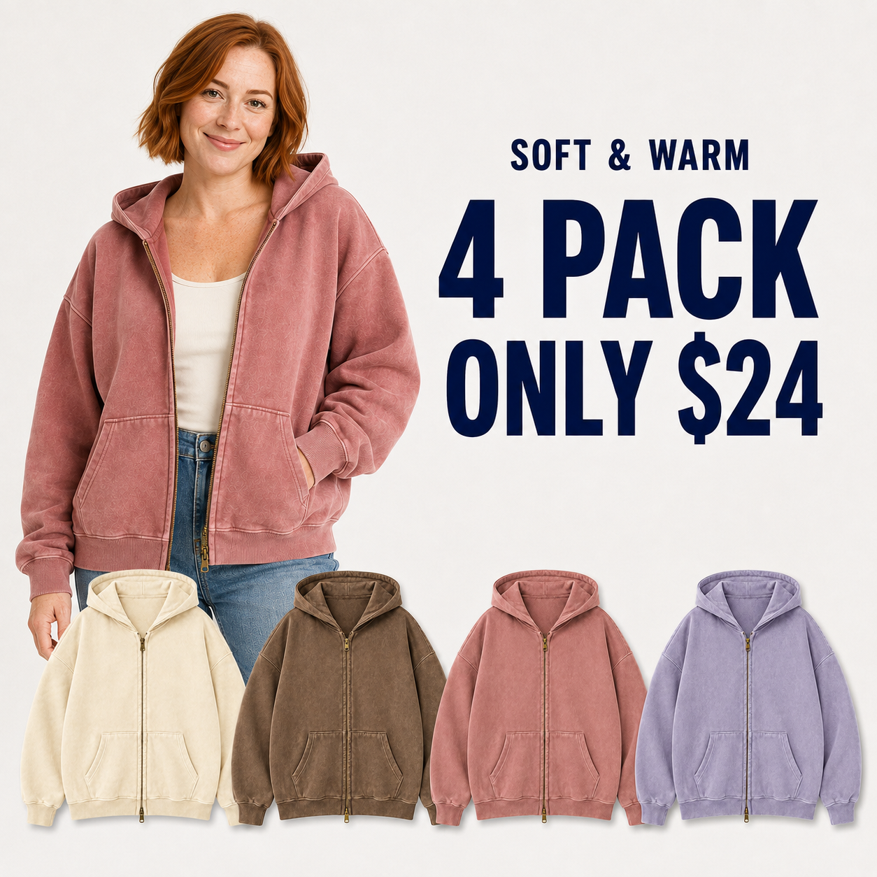 Soft and Warm four-pack oversized zip hoodie bundle