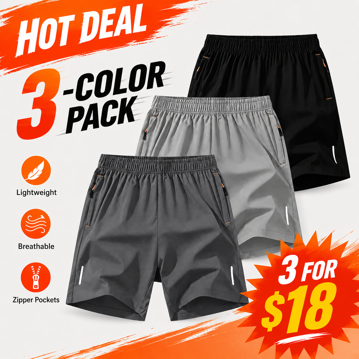 Men's Lightweight Zipper Pocket Casual Shorts Color Pack