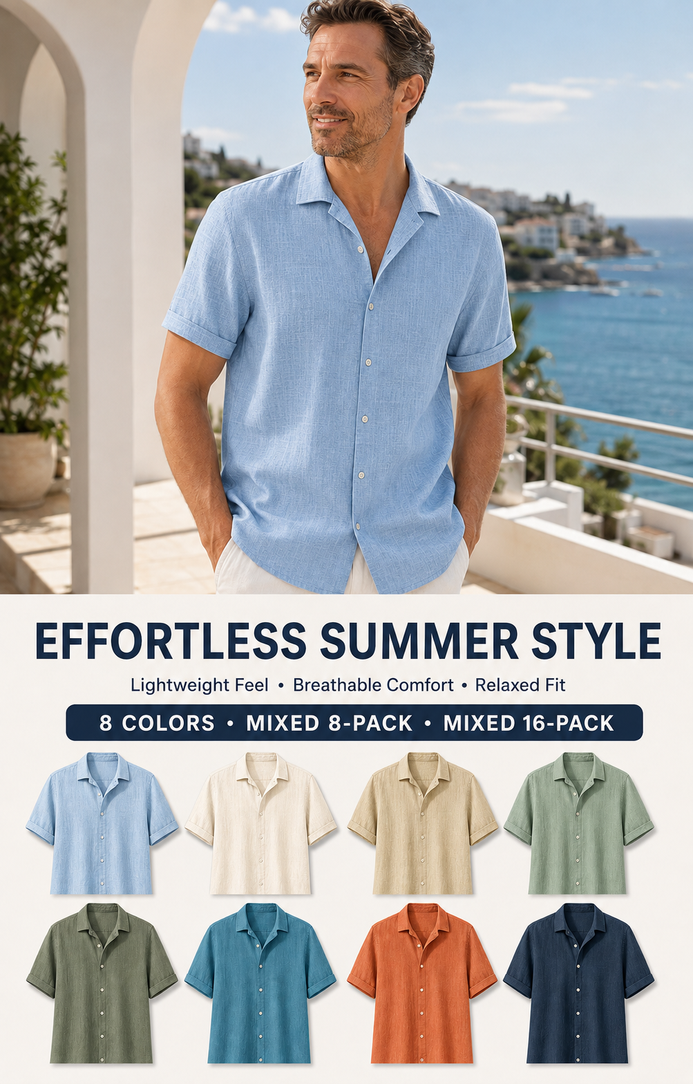 Men's Short Sleeve Linen-Look Button-Down Shirt Multi-Pack