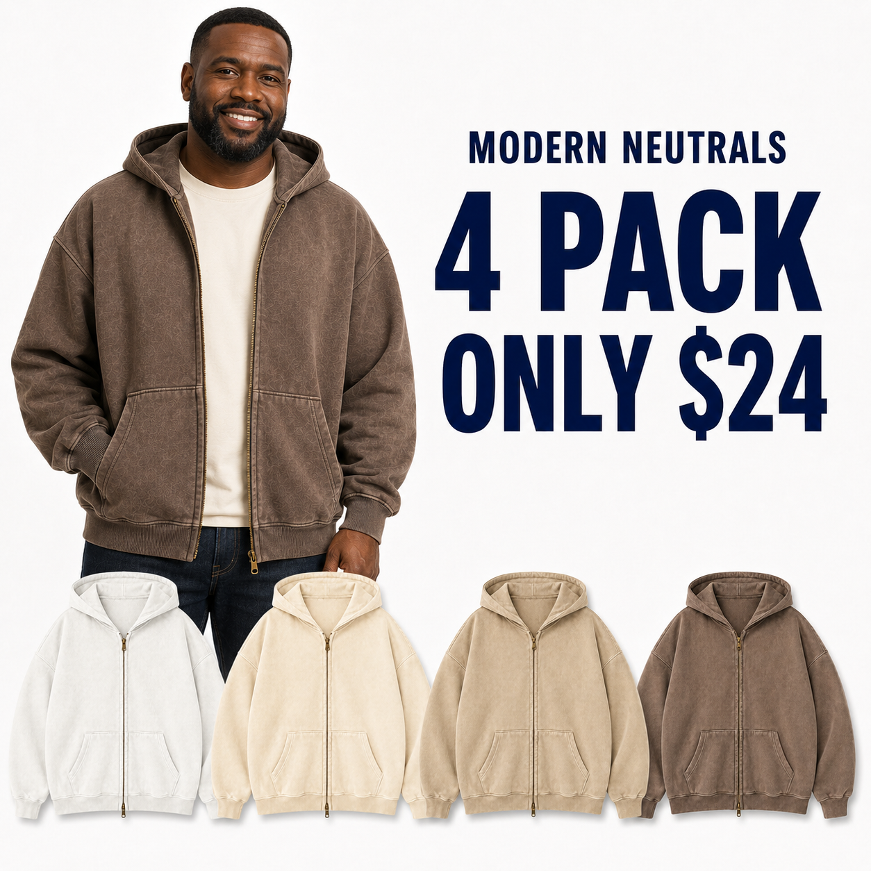 Modern Neutrals four-pack oversized zip hoodie bundle