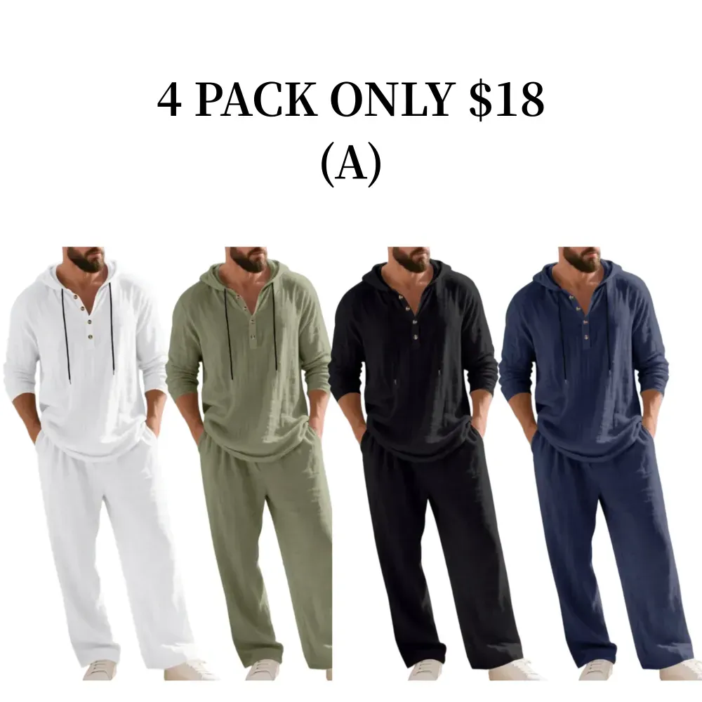 Linen Men's Hooded Casual Loose Top & Pants 2-Piece Set