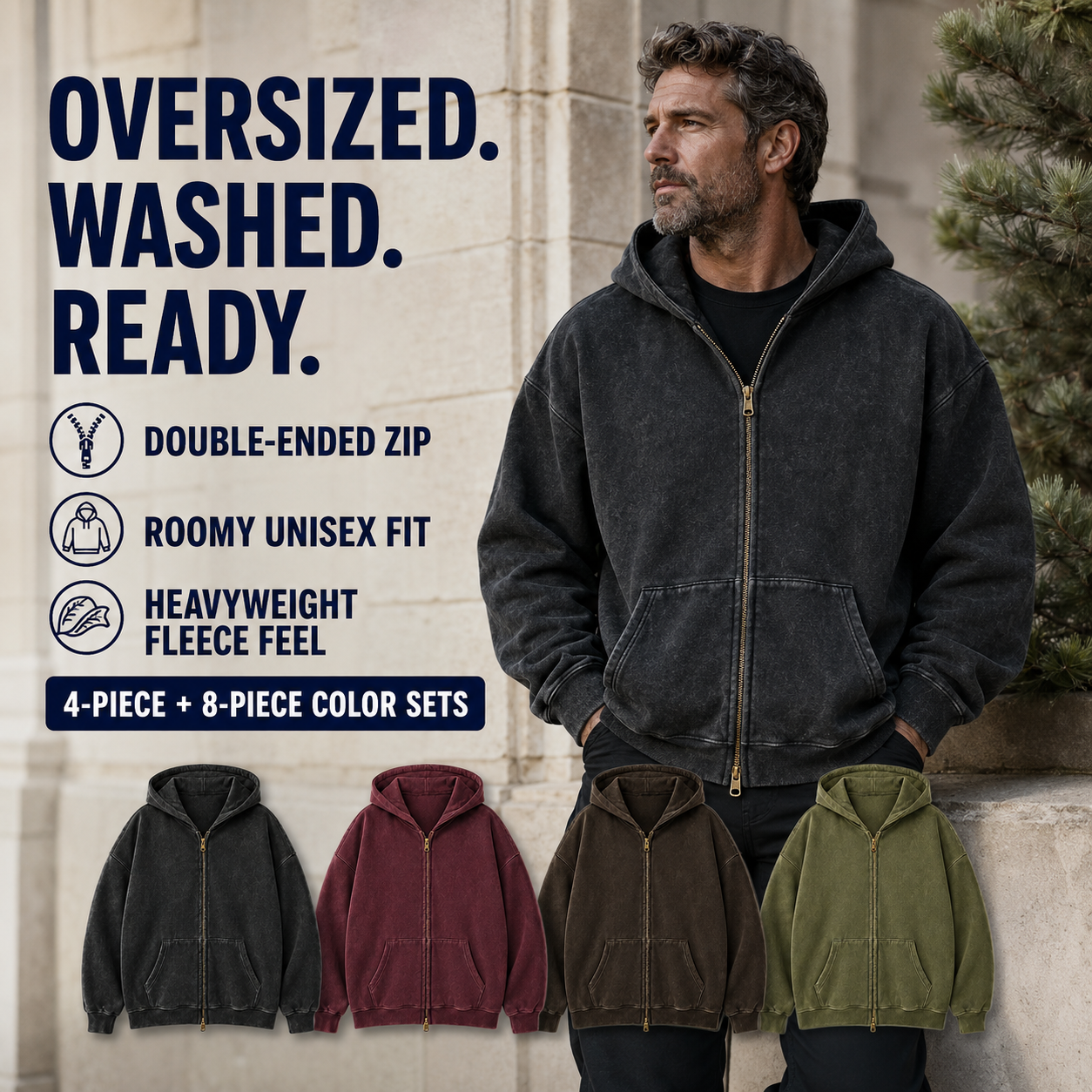 Unisex Oversized Acid-Wash Double-Zip Hoodie Bundle