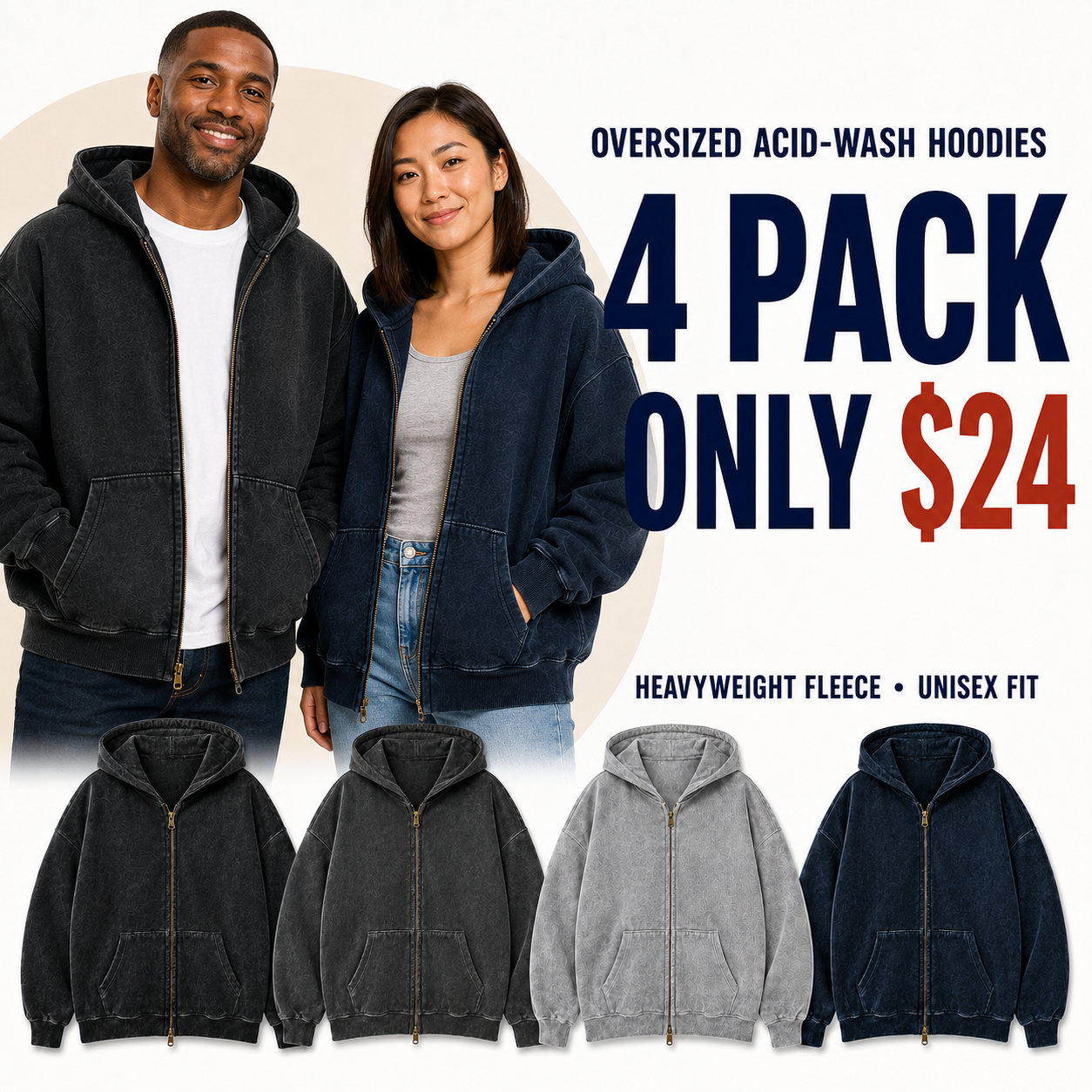Two models wearing oversized acid-wash zip hoodies with four-pack offer