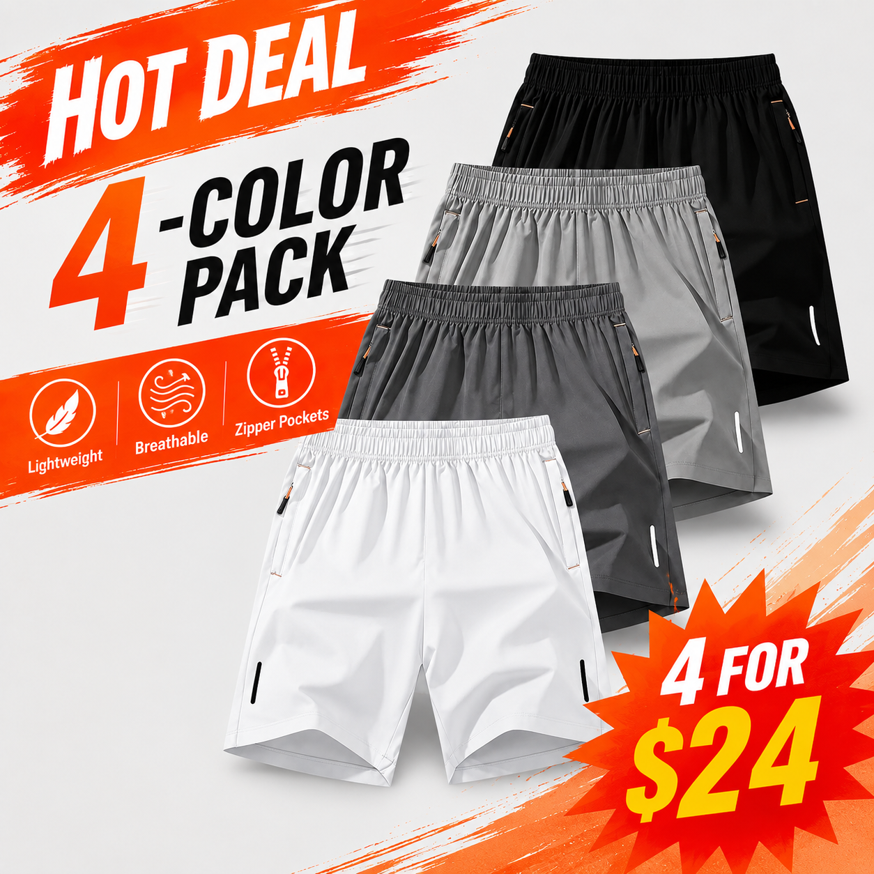 Men's Lightweight Zipper Pocket Casual Shorts Color Pack