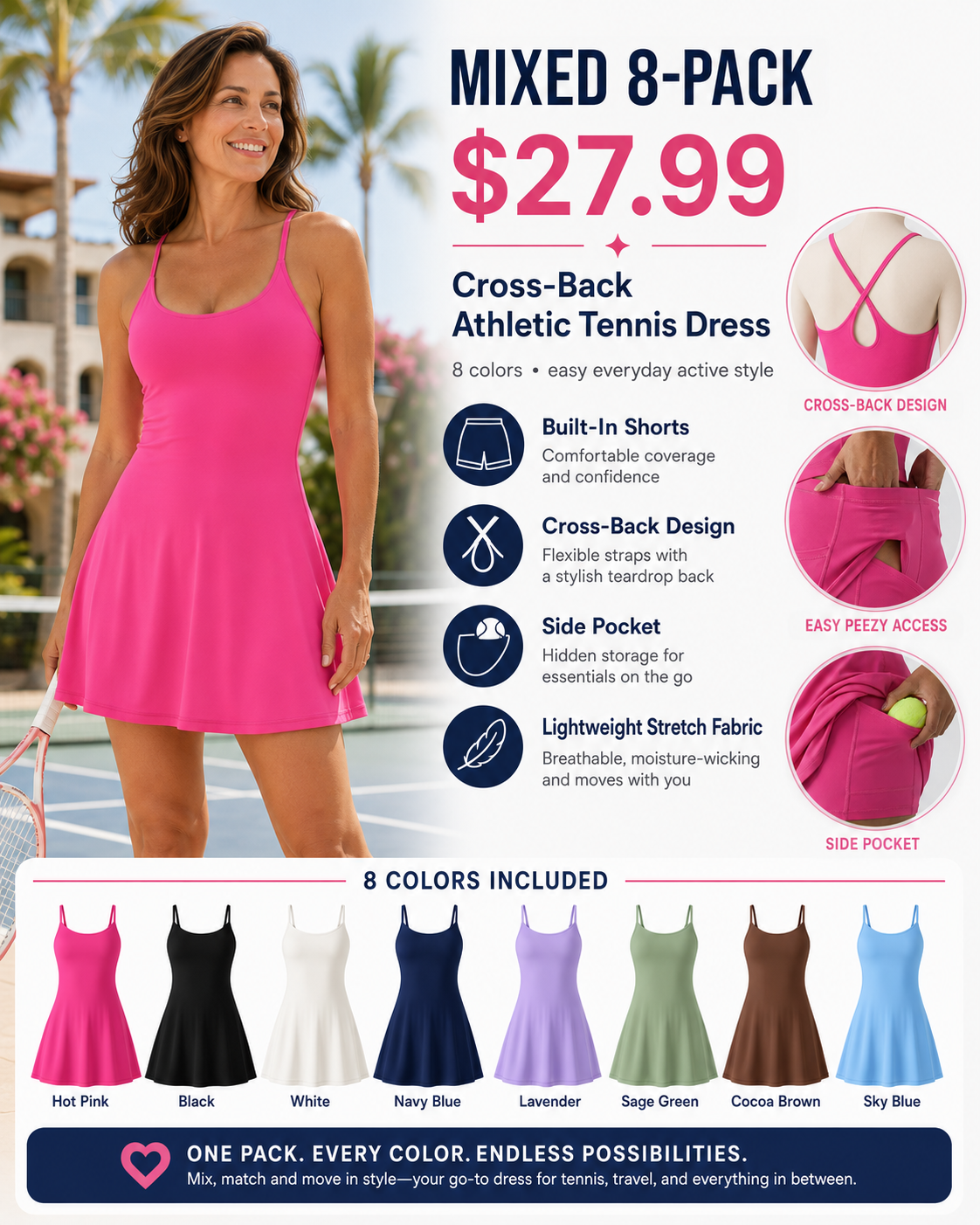 Women's Cross-Back Athletic Tennis Dress with Built-In Shorts — Multi-Pack