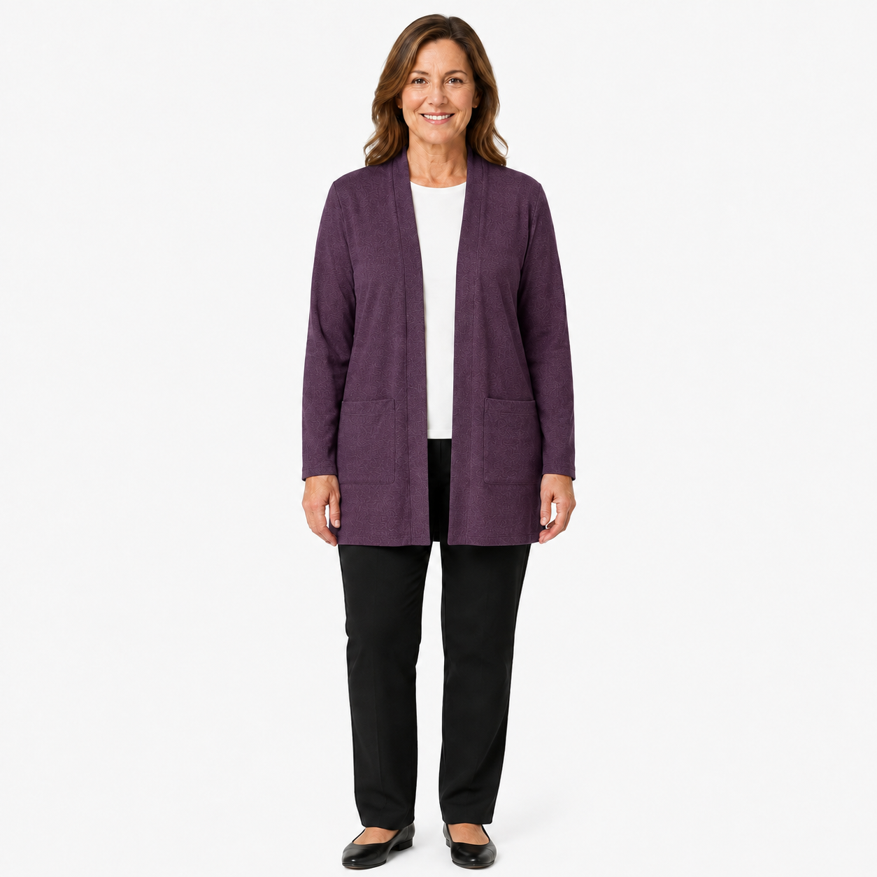 Plum Aubergine open-front longline cardigan