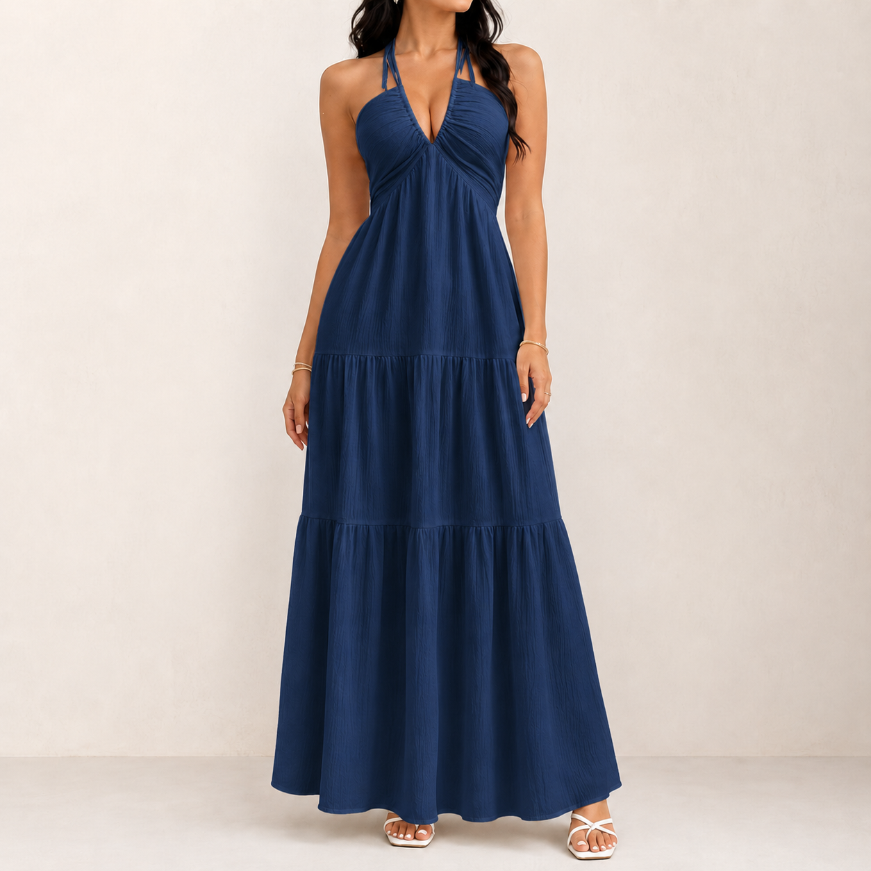 Ocean Blue halter tie-back tiered maxi dress