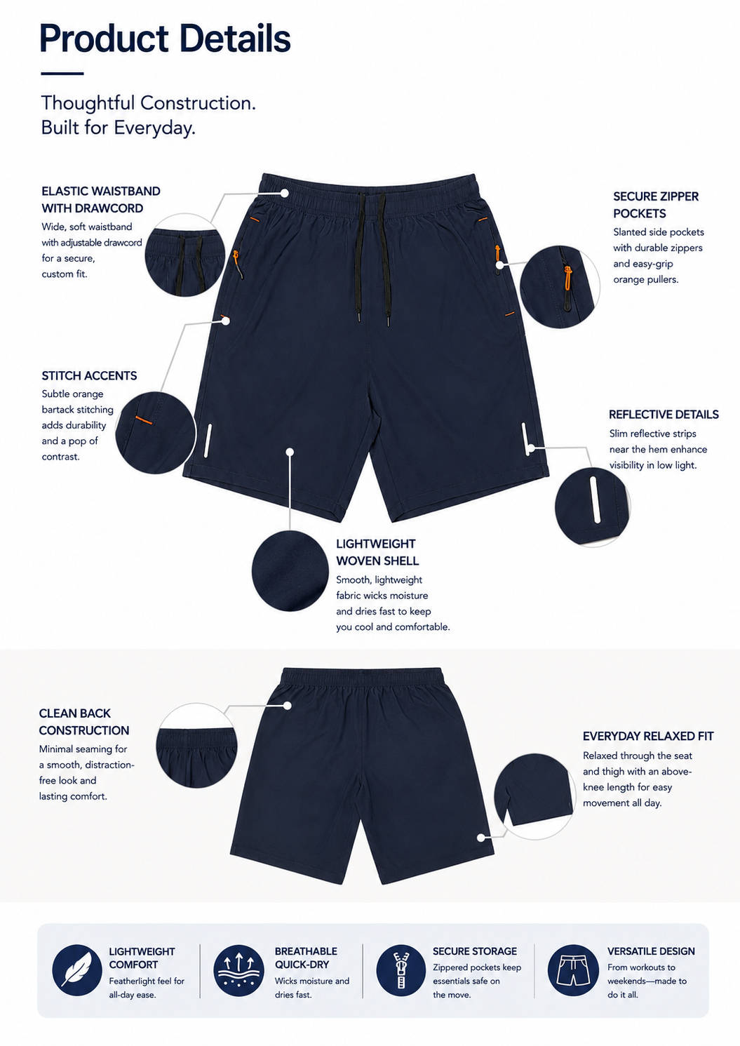 Men's Lightweight Zipper Pocket Casual Shorts Color Pack