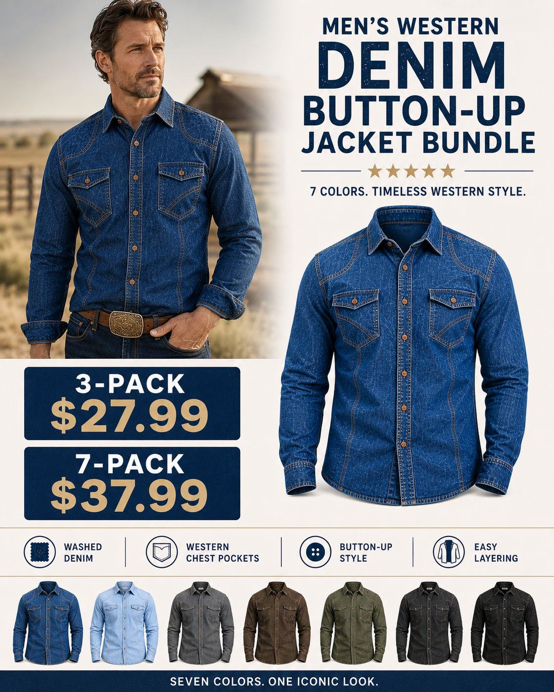 Men's Western Denim Button-Up Jacket Bundle - 3-Pack & 7-Pack