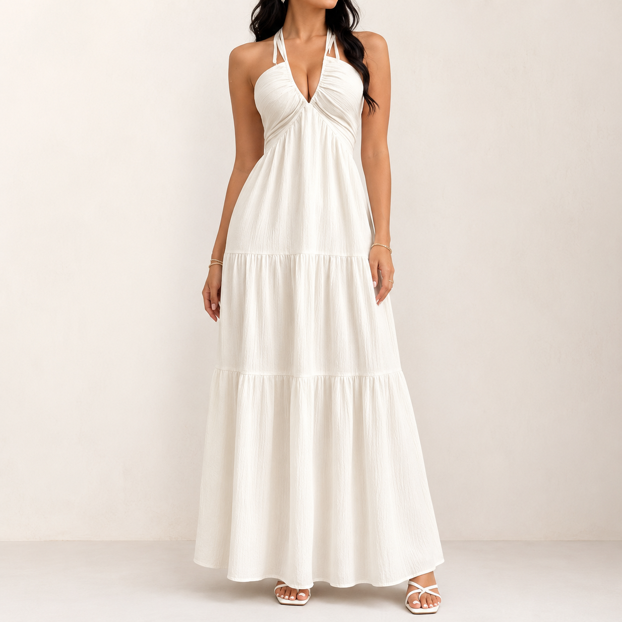 Jet Black halter tie-back tiered maxi dress