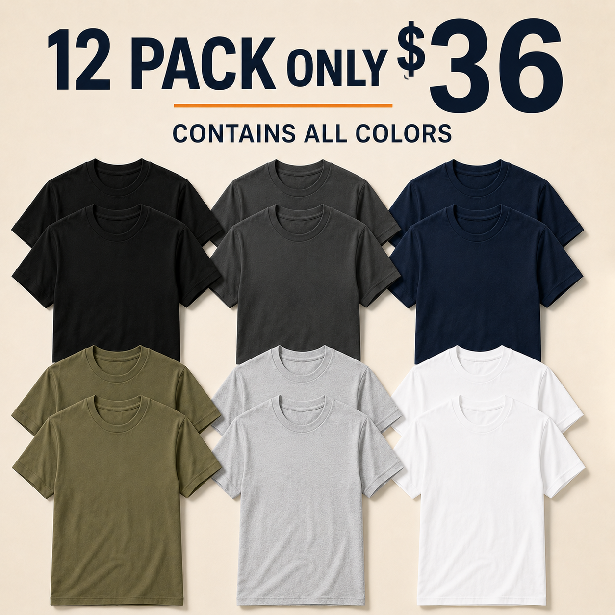 Mixed 12-pack premium fitted crew neck T-shirts in all six colors