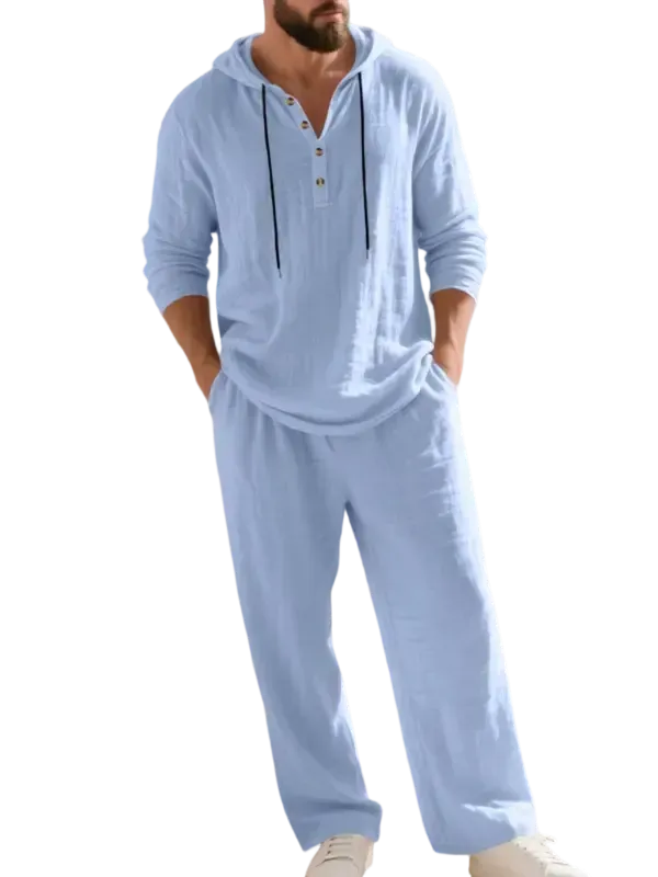 Linen Men's Hooded Casual Loose Top & Pants 2-Piece Set