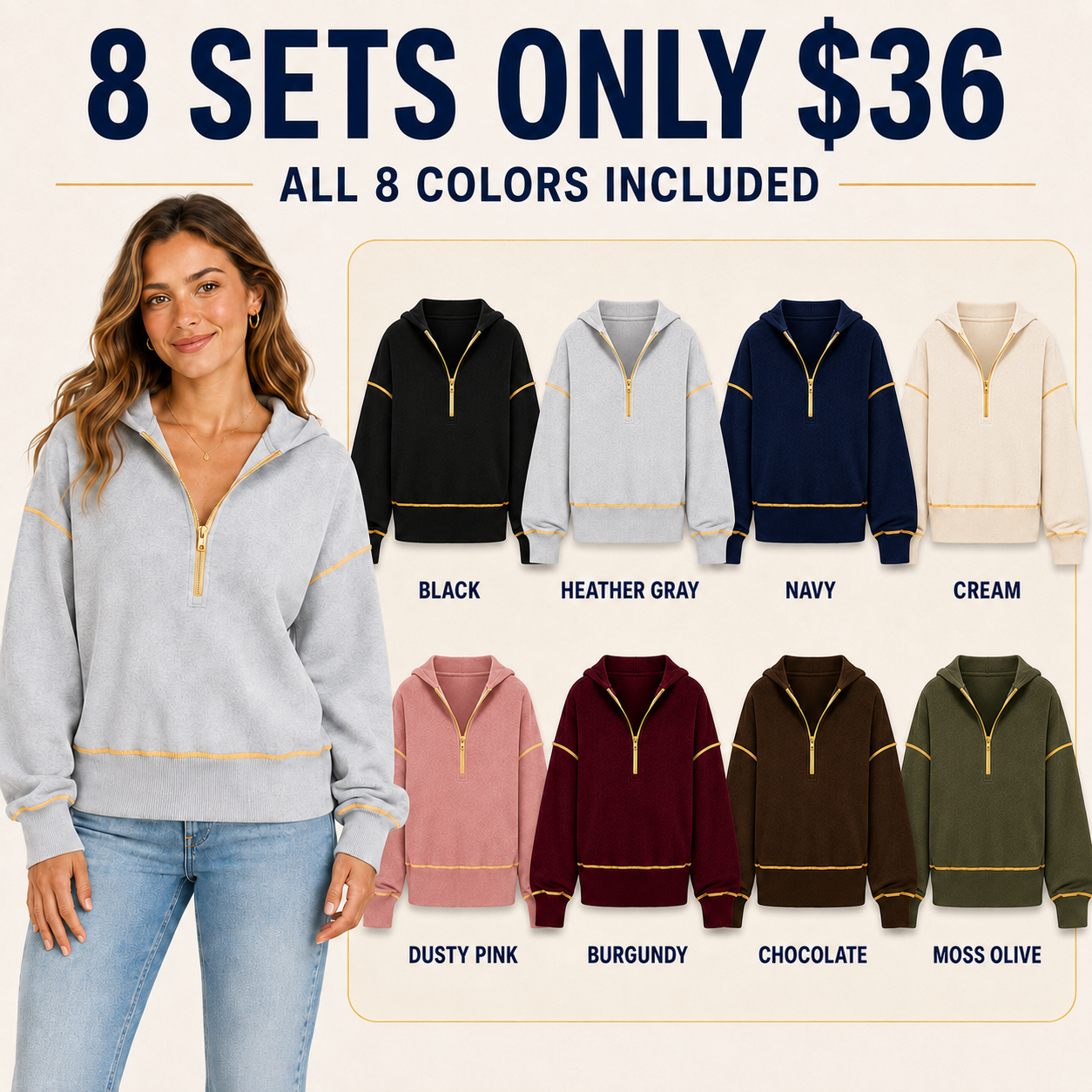 Women's relaxed half-zip hoodie all 8 colors 8-pack