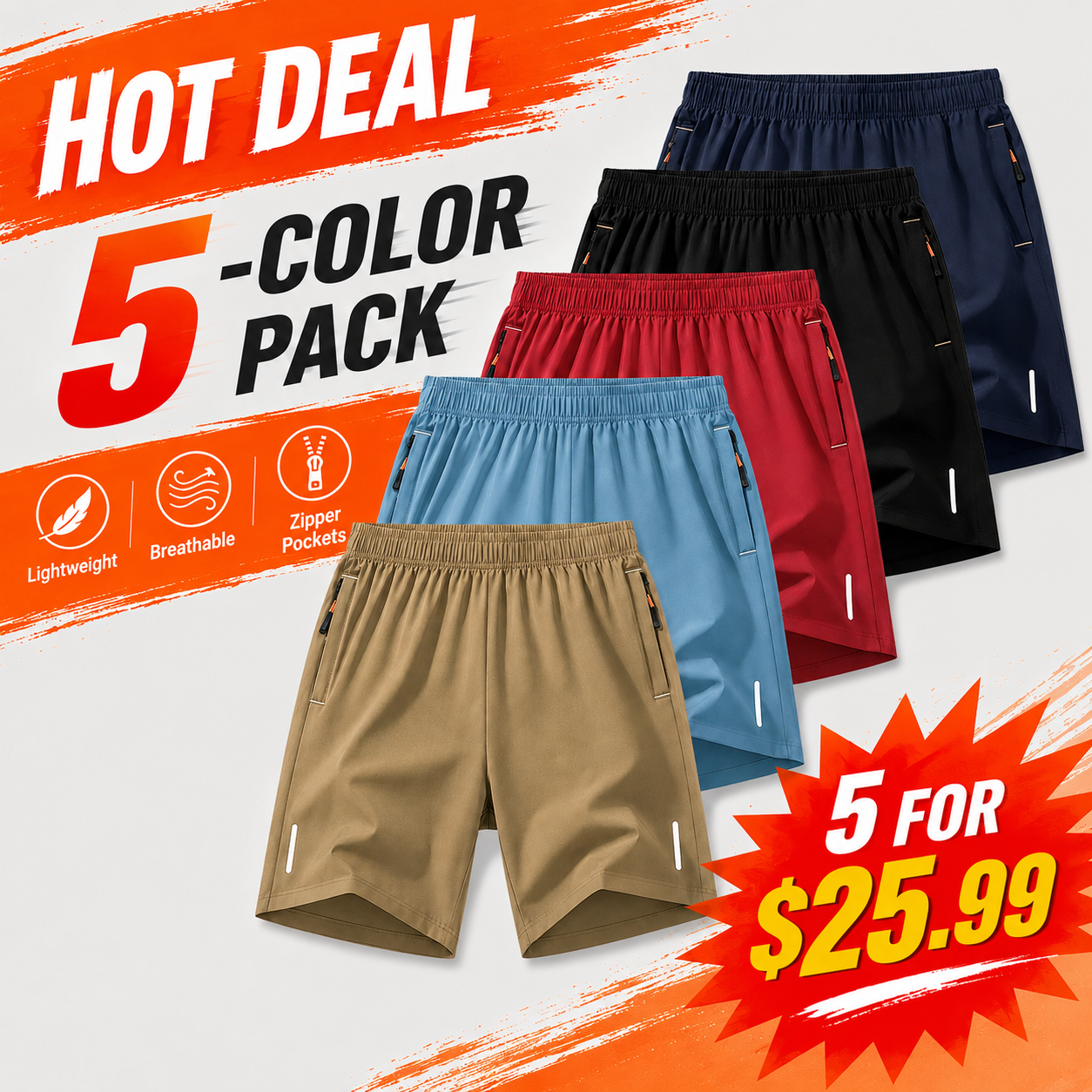 Men's Lightweight Zipper Pocket Casual Shorts Color Pack