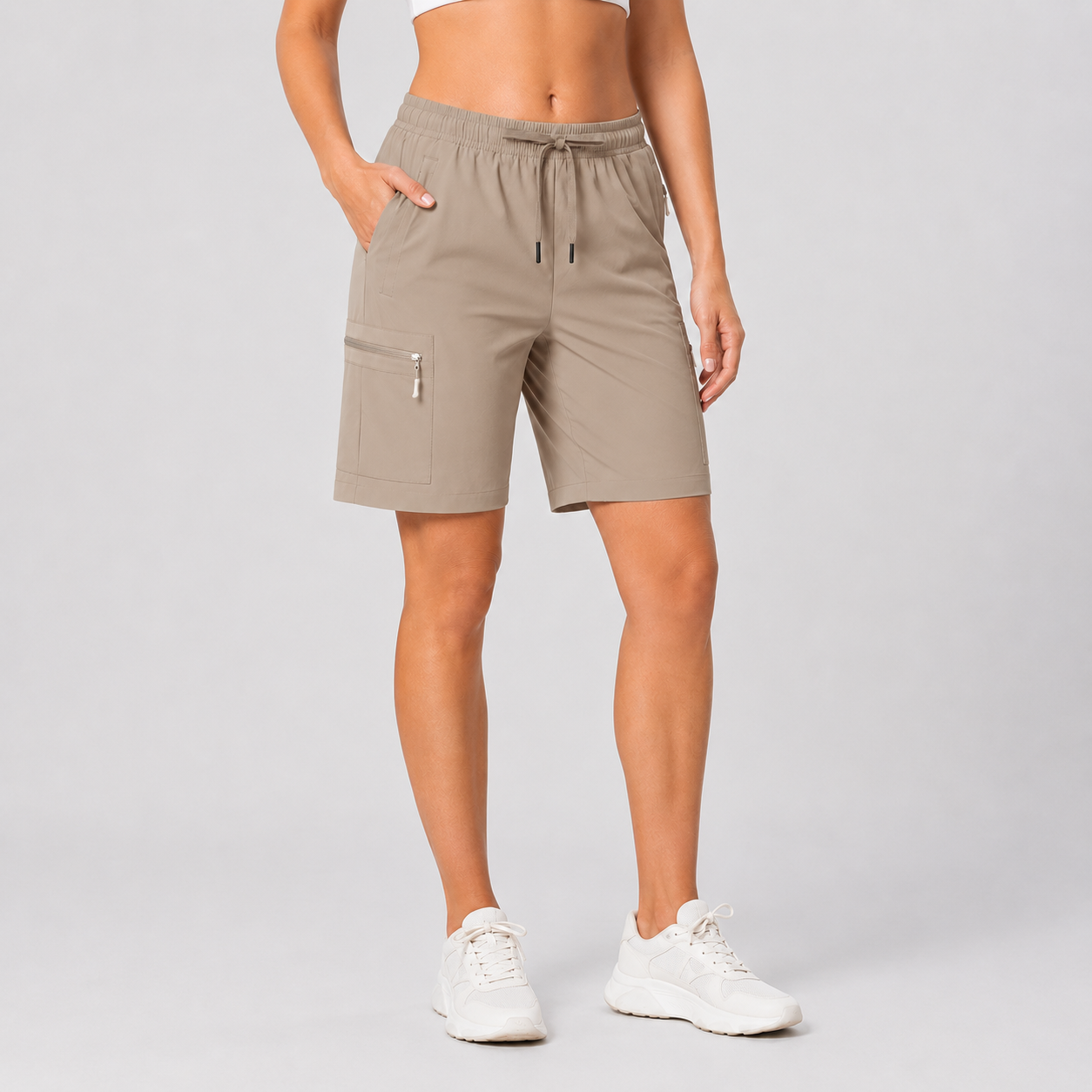 Warm Taupe Gray women's utility cargo shorts
