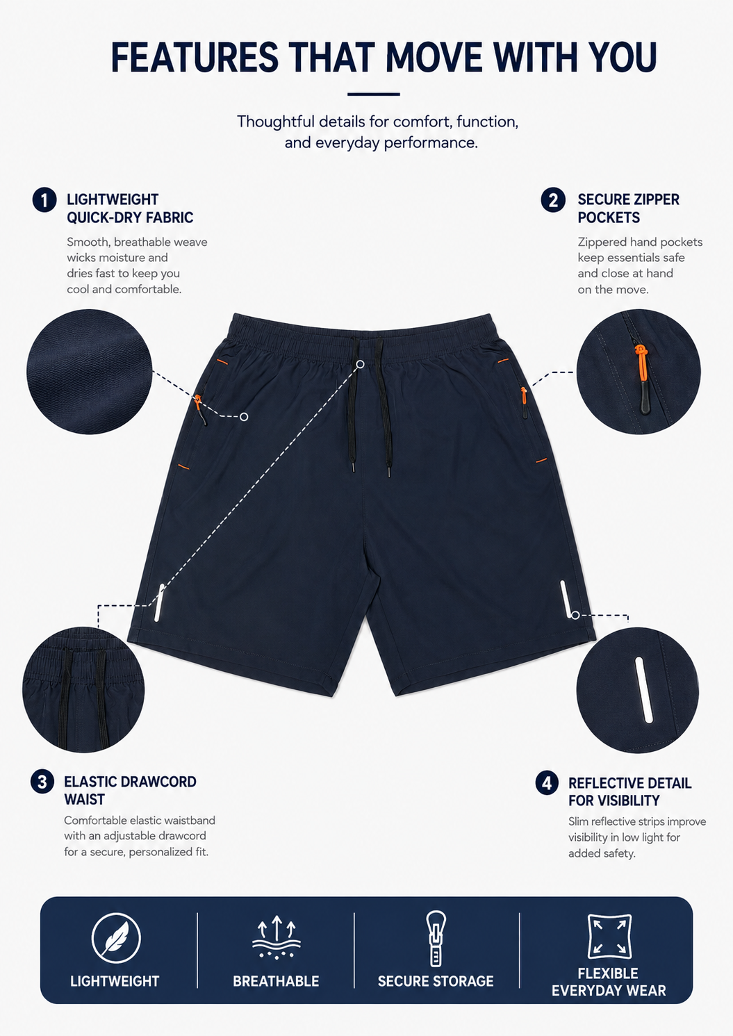 Men's Lightweight Zipper Pocket Casual Shorts Color Pack