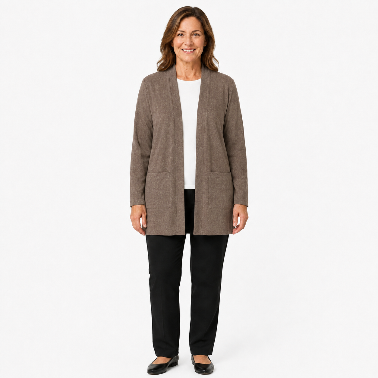 Warm Taupe open-front longline cardigan
