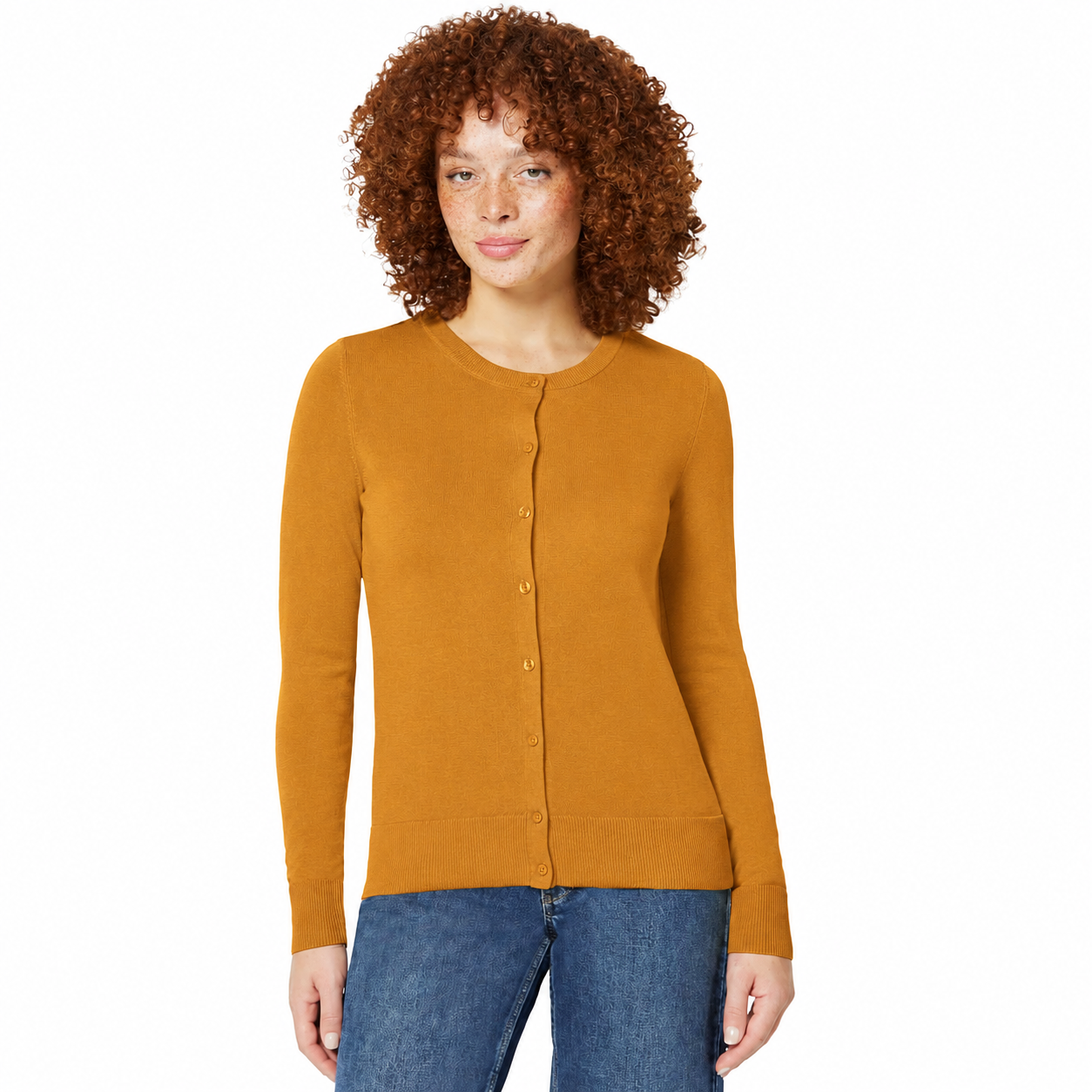 Women's fine-knit cardigan in Marigold Ochre