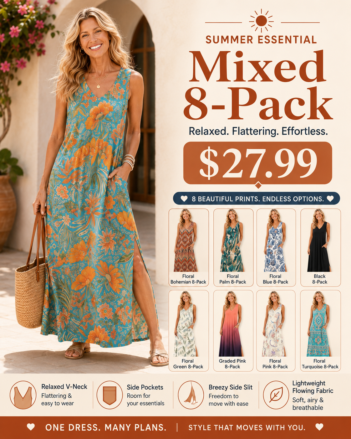Women's V-Neck Flowy Maxi Dress Bundle with Pockets
