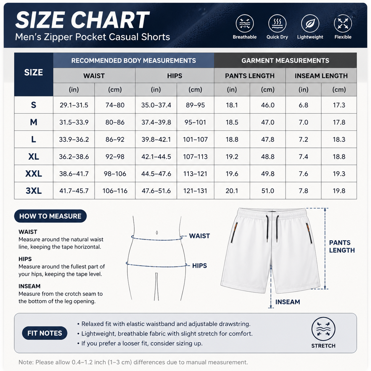 Men's zipper pocket shorts size guide