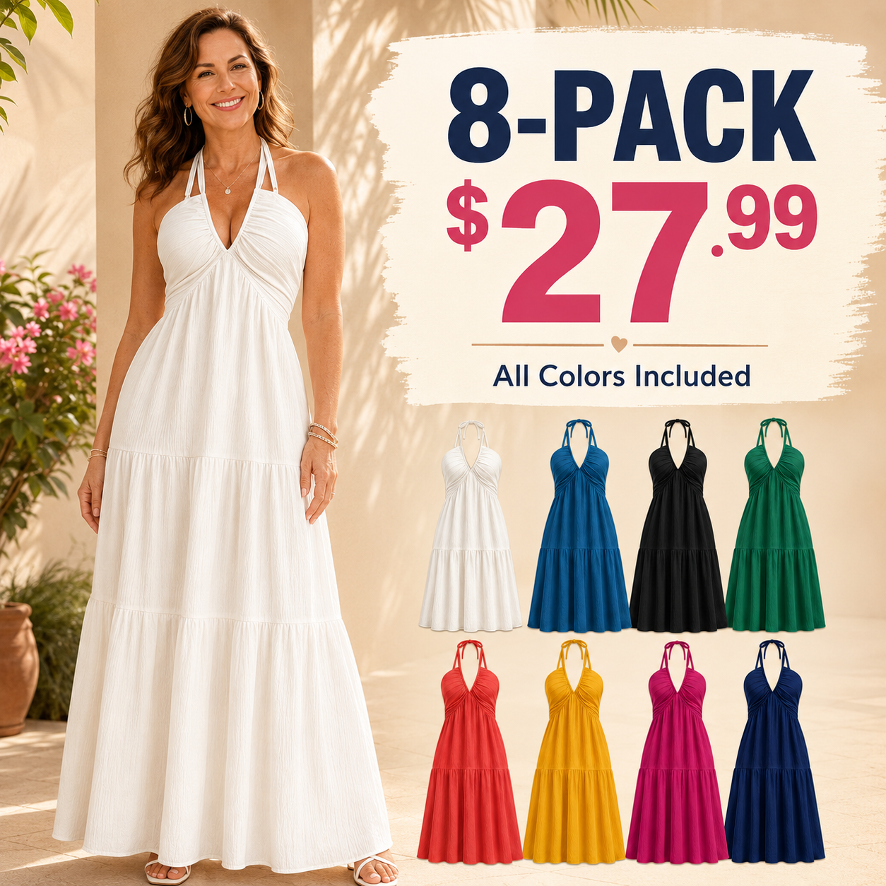 Mixed 8-pack halter tie-back tiered maxi dress bundle