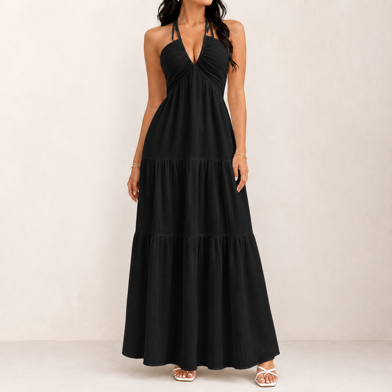 Ruched deep-V halter neckline detail