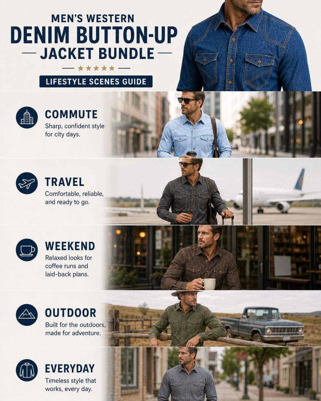 Men's Western Denim Button-Up Jacket Bundle - 3-Pack & 7-Pack