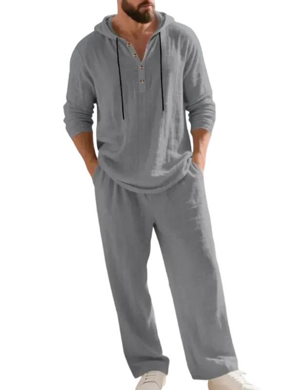 Linen Men's Hooded Casual Loose Top & Pants 2-Piece Set