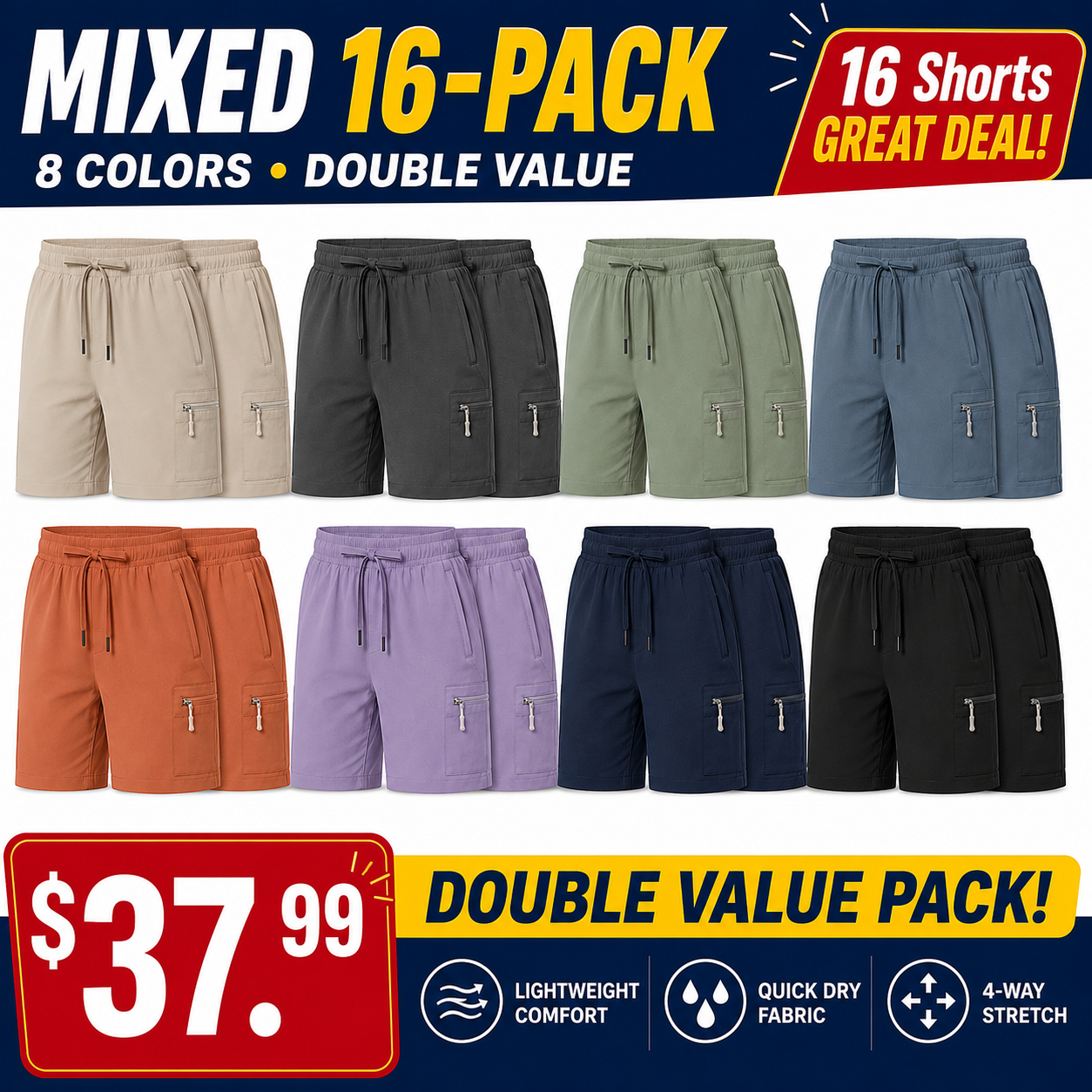 Mixed 16-Pack women's lightweight utility cargo shorts