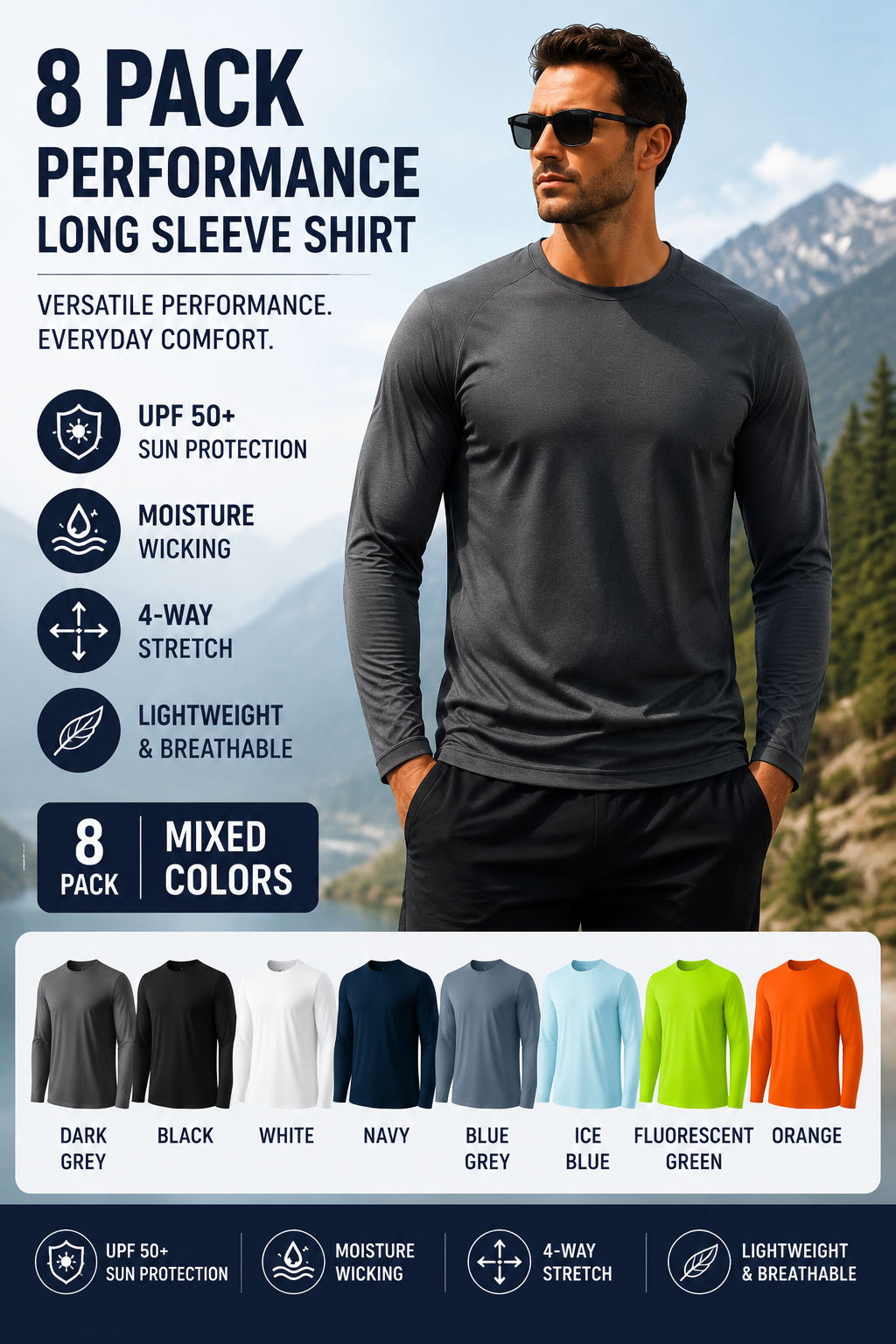 Men's UPF 50+ Long Sleeves Shirts Quick Dry Lightweight Summer Sportswear Tops for Swimming Workout Rashguard Sporty Crew Neck Outdoorfun FallFreshness