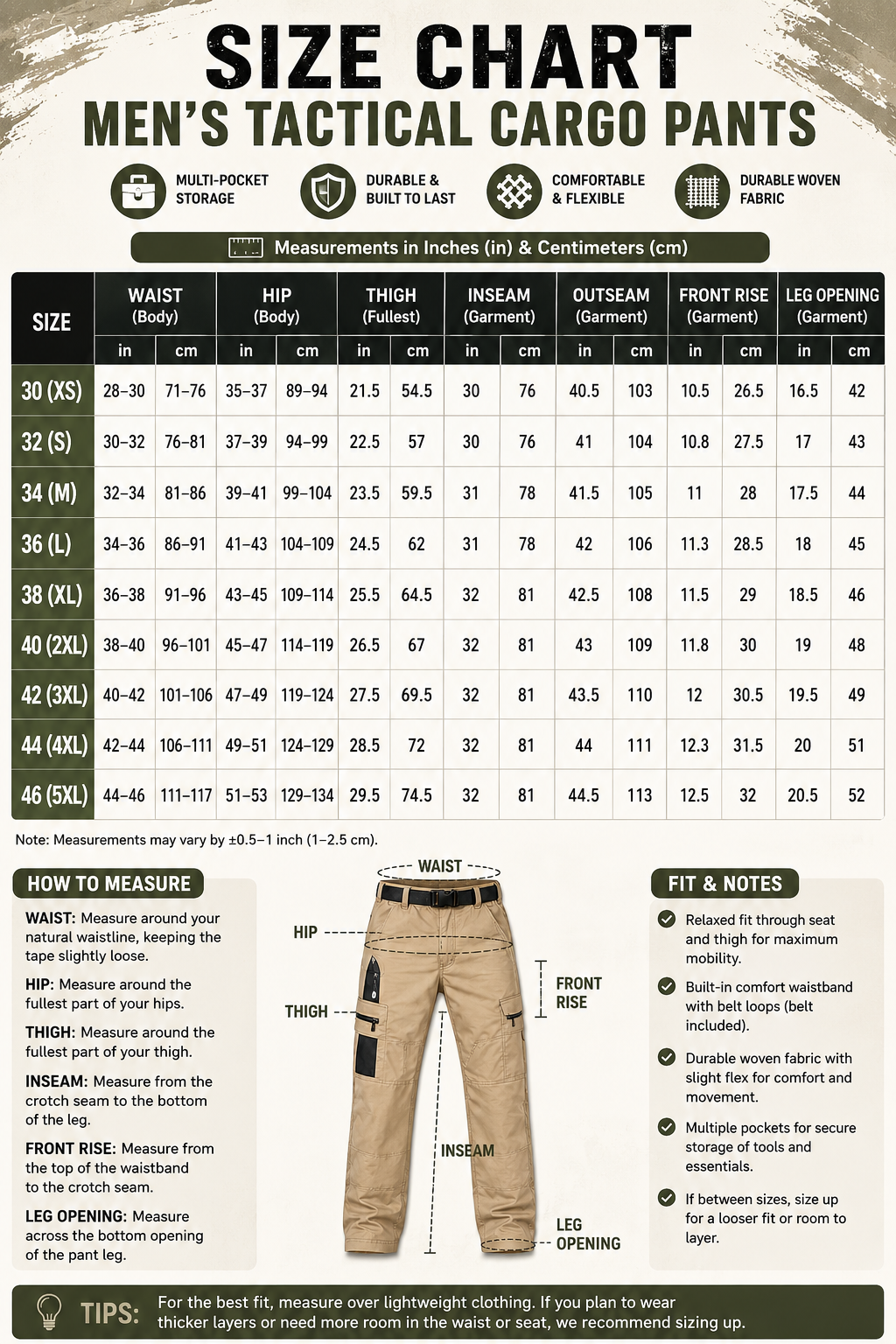 Mobile-friendly men's tactical cargo pants size chart