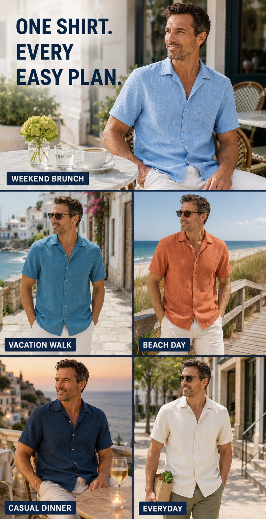 Men's Short Sleeve Linen-Look Button-Down Shirt Multi-Pack