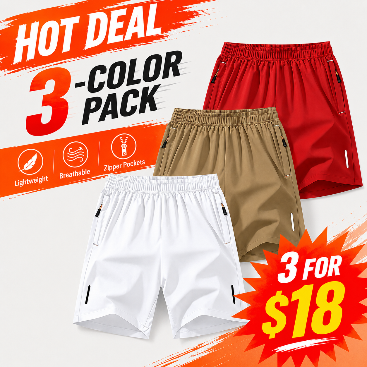 Men's Lightweight Zipper Pocket Casual Shorts Color Pack