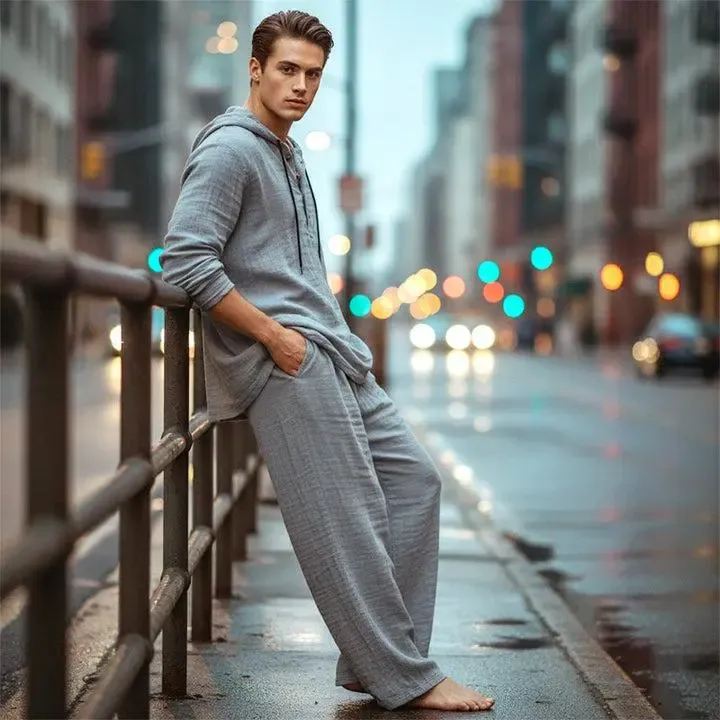 Linen Men's Hooded Casual Loose Top & Pants 2-Piece Set