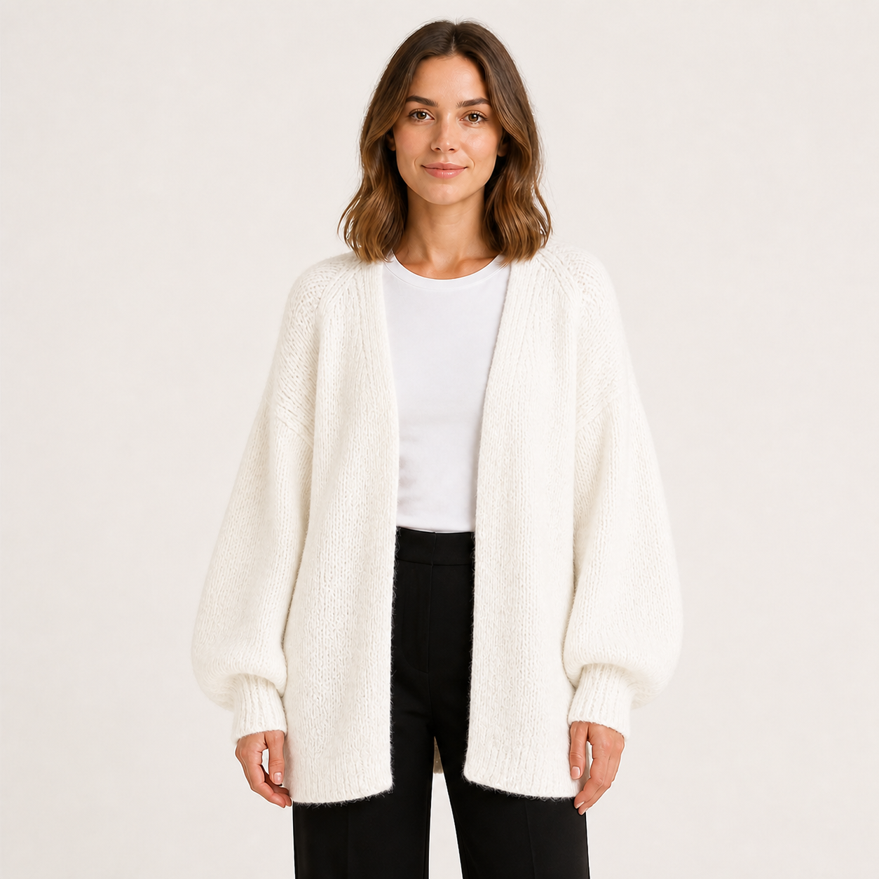 Women's white oversized open-front knit cardigan