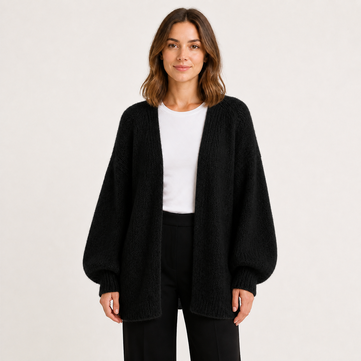 Women's black oversized open-front knit cardigan