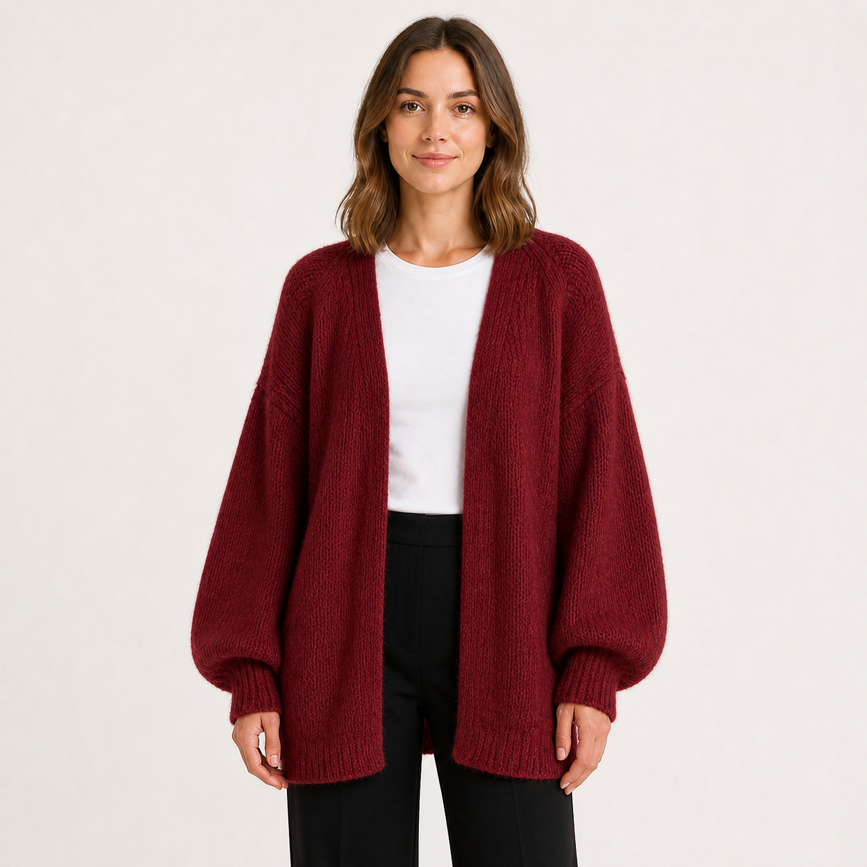 Women's wine red oversized open-front knit cardigan