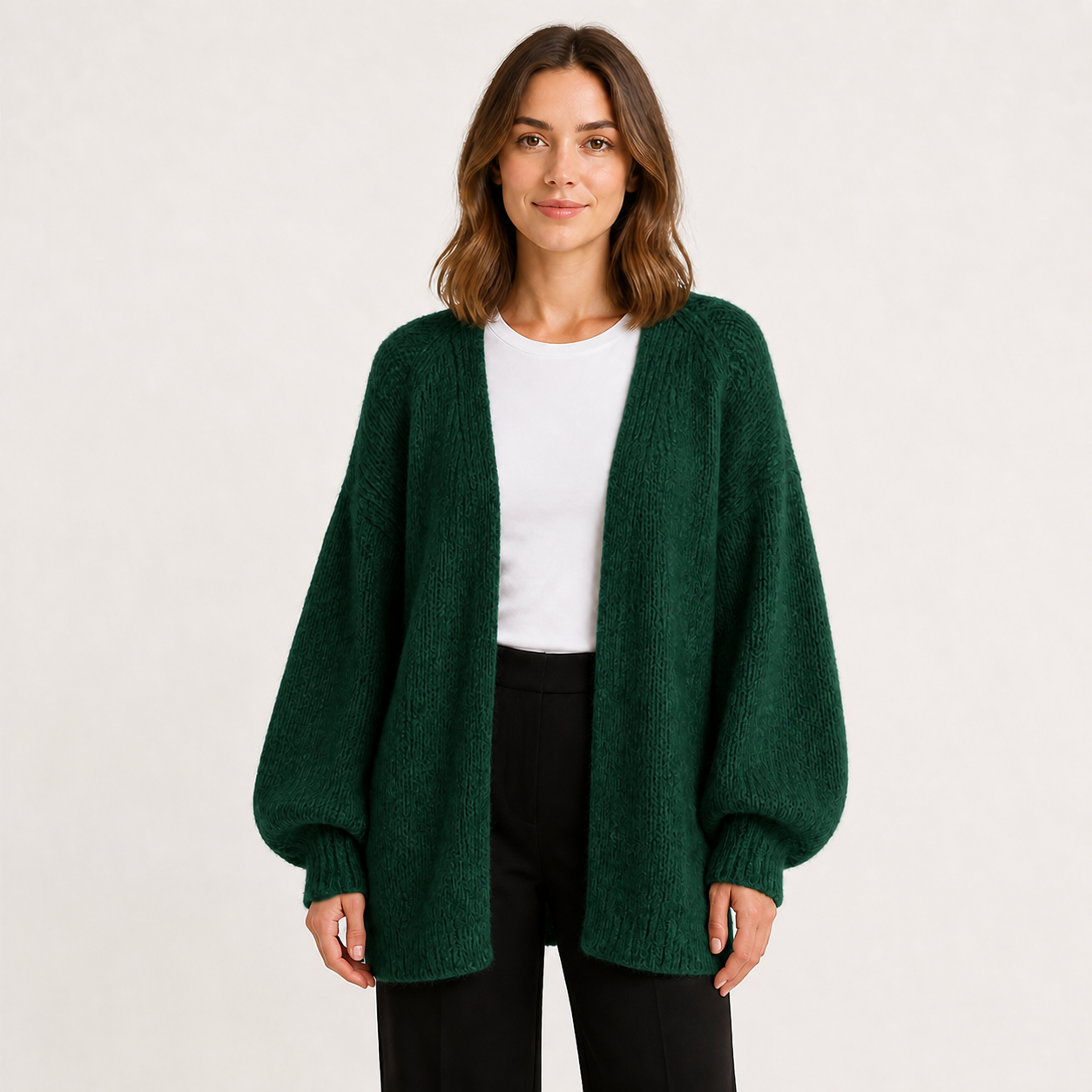 Women's dark green oversized open-front knit cardigan