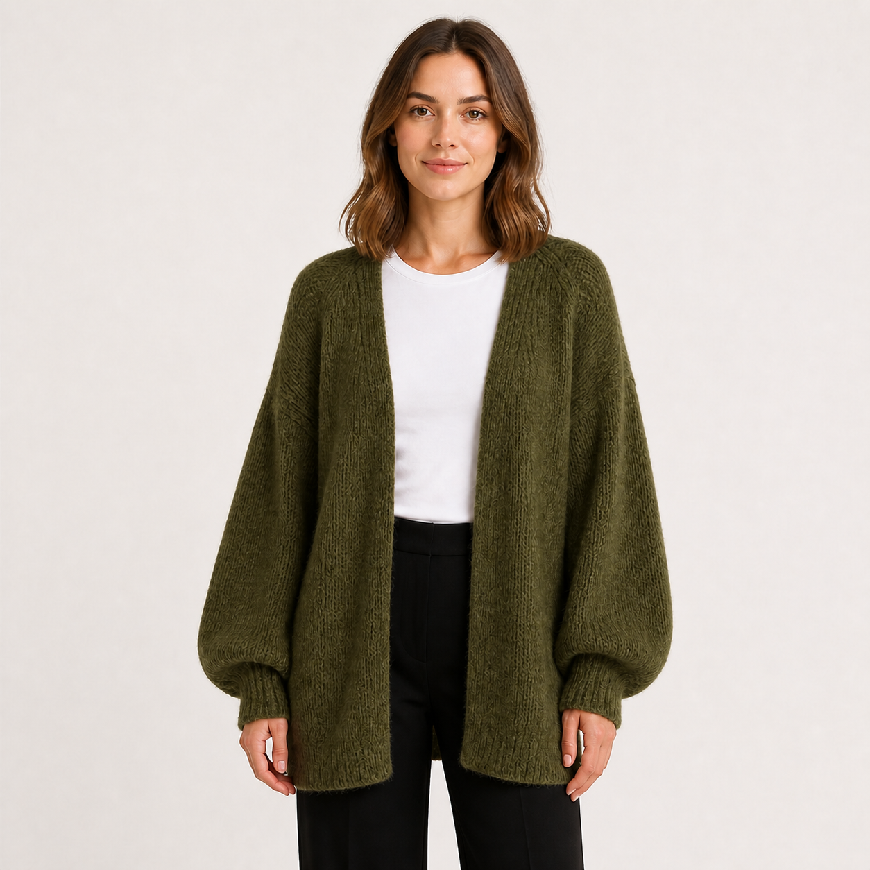 Women's olive green oversized open-front knit cardigan