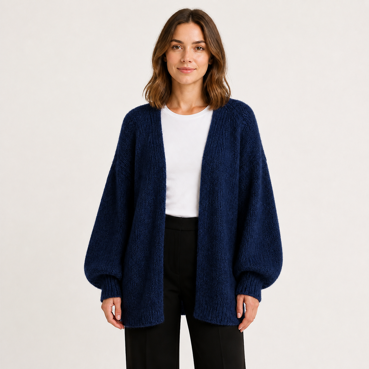 Women's navy oversized open-front knit cardigan