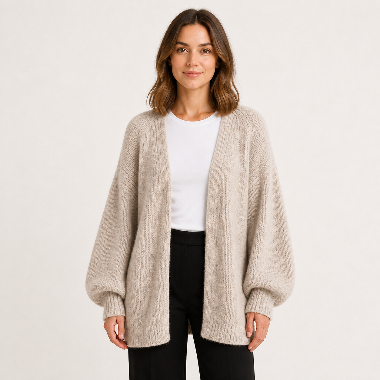 Women's grey beige oversized open-front knit cardigan