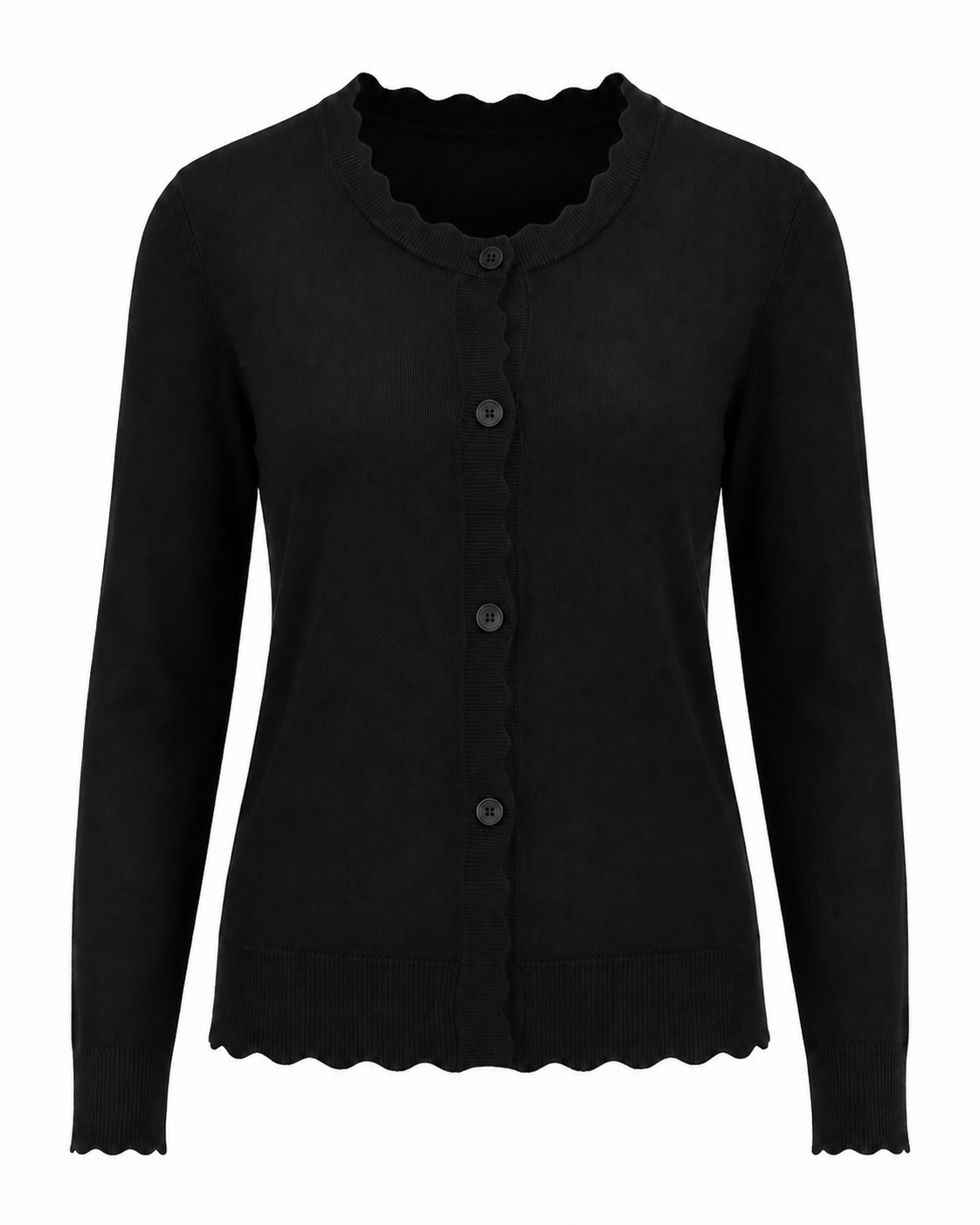 Classic Black scallop-trim cardigan front view