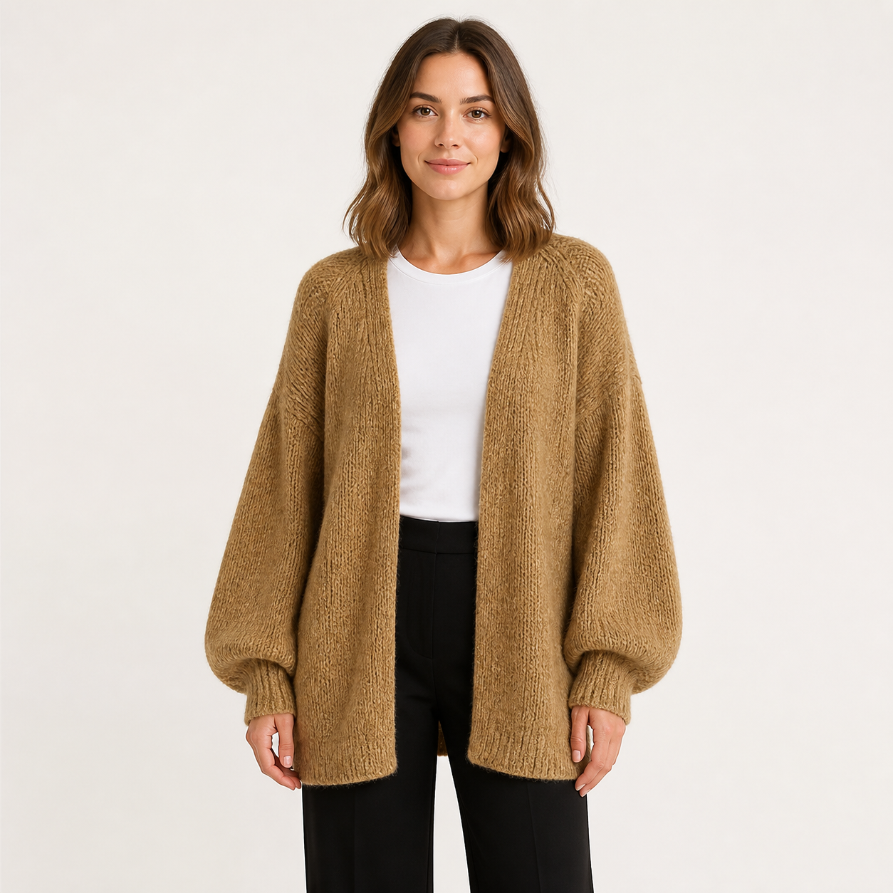 Women's camel oversized open-front cardigan front view