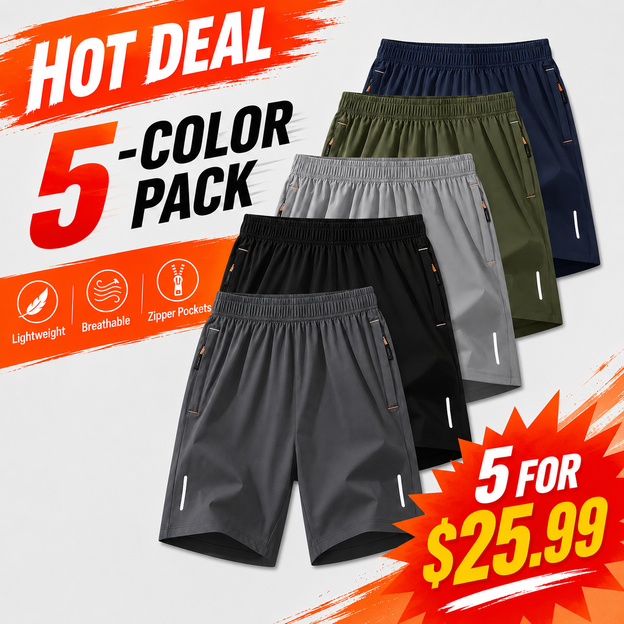 Men's Zipper Pocket Casual Shorts Multi-Pack