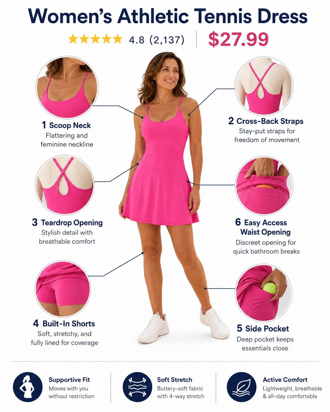 Women's Cross-Back Athletic Tennis Dress with Built-In Shorts — Multi-Pack