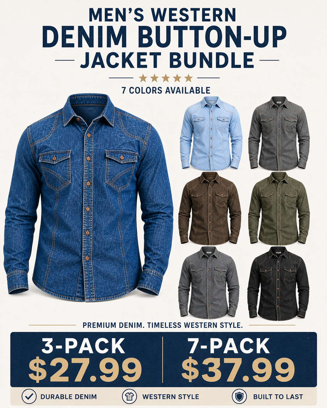 Men's Western Denim Button-Up Jacket Bundle - 3-Pack & 7-Pack