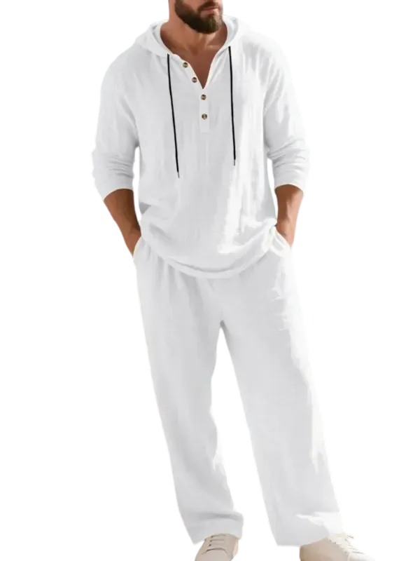 Linen Men's Hooded Casual Loose Top & Pants 2-Piece Set